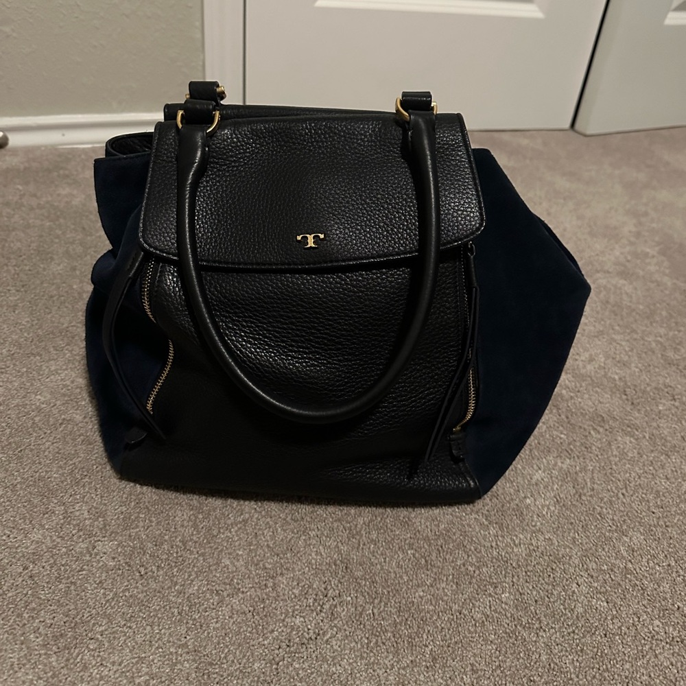 Navy blue leather and suede Tory Burch bag